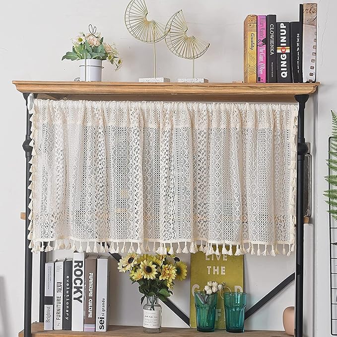 Sutuo Home Boho Sheer Curtain Valance Tier Crochet Lace with Bohemian Hollow Knitted Handmade Tassels, Short Farmhouse Window Treatment for Kitchen Cafe, Rod Pocket, 1 Panel 59" W x 36" L, Beige