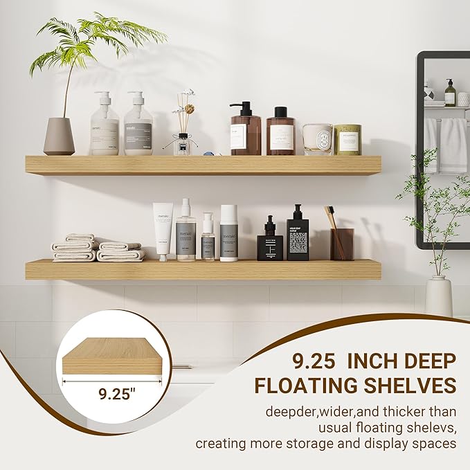 36 Inch Floating Shelves, 3D Textured Wood Grain, 36"x9.25"x1.5" Inch Deep Floating Shelves for Wall, Wooden Shelves for Bathroom, Bedroom, Living Room, Natural