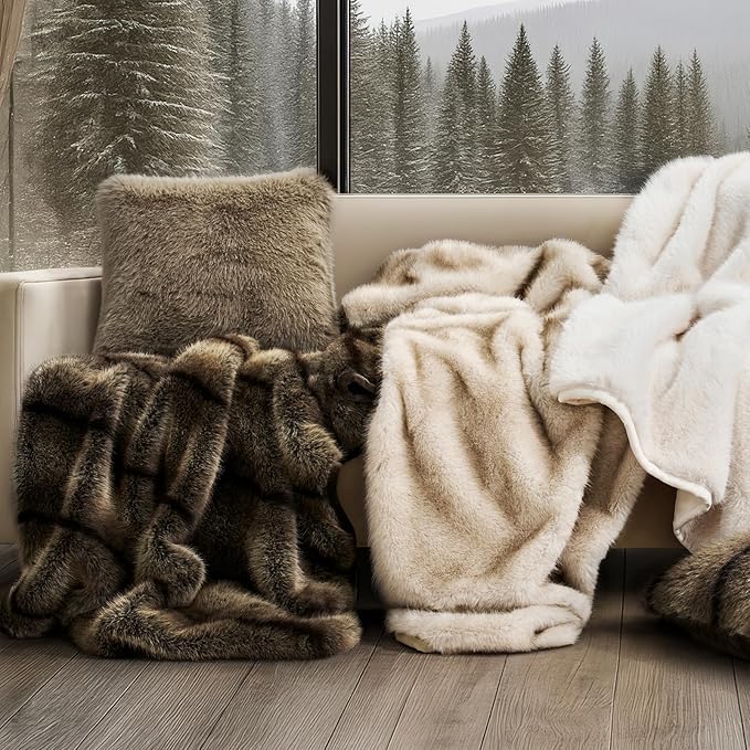 Luxury Faux Fur Throw Blanket, Soft Fluffy Faux Mink Blankets for Bed, Couch, Sofa, Thick Cozy Plush Warm Fur Throws with Reversible Velvet, Ombré Sable Brown, 50"x60"