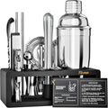 Mixology Bartender Kit with Stand - 15 Piece Bar Tool Set, Silver Bar Set Cocktail Shaker Set for Drink Mixing - Includes Martini Shaker, Jigger, Strainer, Bar Mixer Spoon, Tongs, Opener | Gift Idea