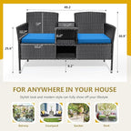 Flamaker Outdoor Furniture Patio Loveseat Wicker 2-Seat with Built-in Table and Cushions Rattan Porch Chairs Bench for Balcony, Lawn, Backyard (Blue)