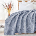 JINCHAN Boho 100% Cotton Blanket Muslin Twin Size 60x80 Inches Lightweight 3-Layer Geometric Triangle Striped Pattern Reversible Quilt Throw Soft Breathable Comfy All Seasons for Couch Bed Decor, Blue