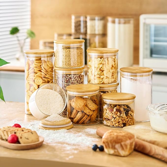 Multi Size - 5 Pack Glass Jars with Bamboo Lids, Glass Pantry Storage Containers with Airtight Lids, Round Air Tigh Food Storage Canisters for Cereal, Pasta, Flour, Sugar, Best for Kitchen Organizer