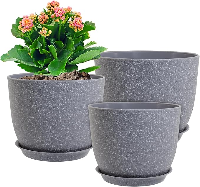 10/9/8 inch Plant Pots, Set of 3 Modern Decorative Plastic Planters with Drainage Holes and Saucers for Garden House Plants, Flower Pots for Indoor Outdoor Plants, Speckled Grey