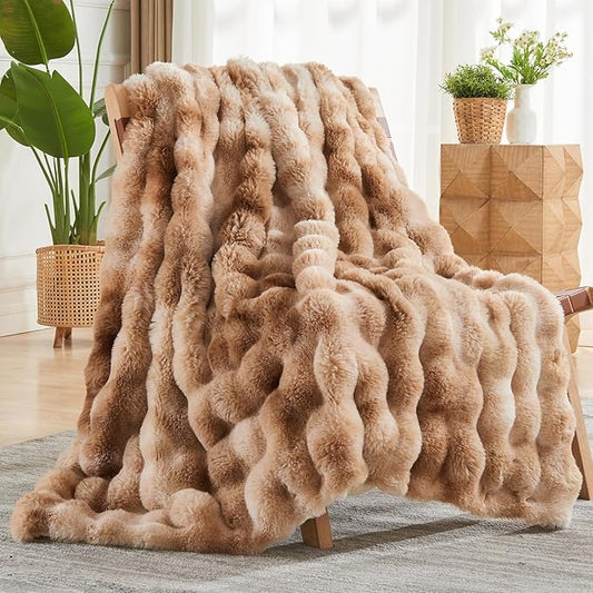 NEWCOSPLAY Faux Fur Throw Blanket Tie-dye Beige Luxury Fluffy Thick Warm Bubble Blanket for Couch Sofa Bed 700GSM (Tie-dye Beige, Throw(50"x60"))
