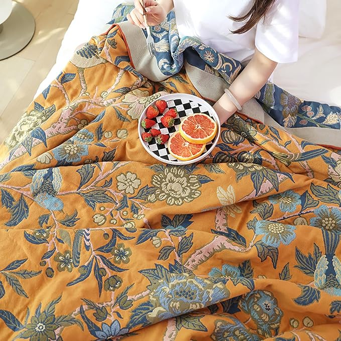 Boho Muslin Blanket for Adults 4-Layer Gauze 80 x 90 Inches Soft Cozy 100% Cotton Summer Cooling Blanket Floral Decor for Sofa Bed Coverlet Both Sides (Flowr Branch Orange, 80 x 90 in)