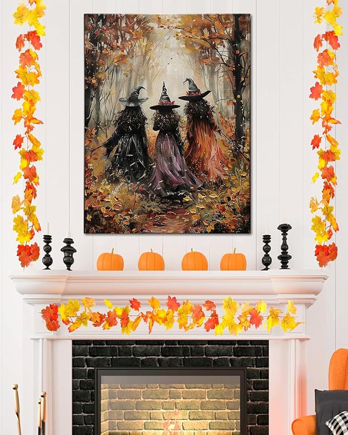 Halloween Canvas Wall Art, Vintage Three Witches Poster, Gothic Dark Academia Wall Decor, Spooky Halloween Decor for Living Room, Bedroom & Bathroom, Framed Fall Decorations Indoor