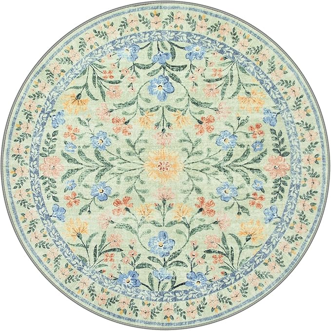 Wonnitar Washable Round Area Rug, 5ft Green Floral Round Rug Boho Soft Circle Carpet, Non Slip Low Pile Circle Accent Carpets for Kitchen Living Room Entryway Bedroom
