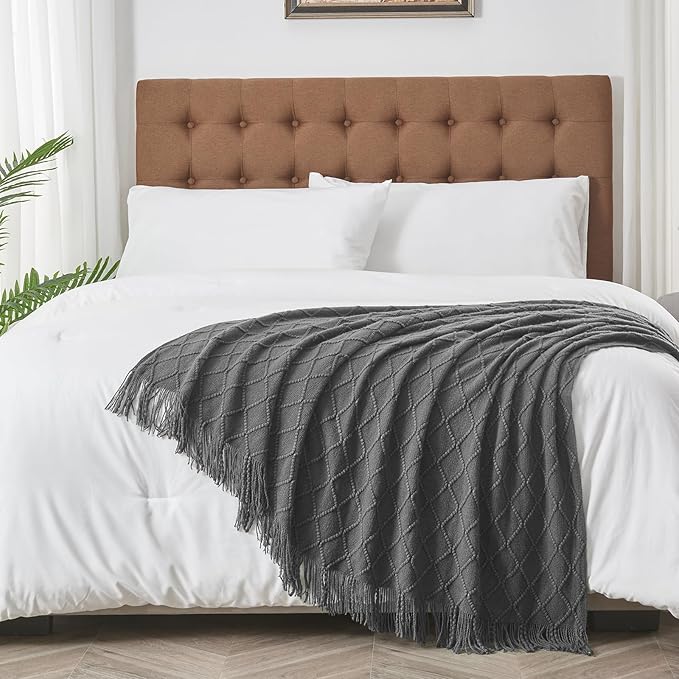 inhand Grey Throw Blanket for Couch and Bed, Soft Living Room Home Decor Knitted Blanket with Tassel, Outdoor Lightweight Breathable Summer Blanket, Farmhouse Warm Woven Decorative, 50"x60"