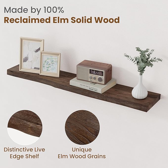 Floating Shelves for Wall Decor, Rustic Solid Elm Wood Live Edge Floating Shelves Wall Mounted, Wall Shelves with Invisible Bracket for Living Room Bathroom Bedroom Kitchen, 40 Inch Set of 1, Walnut