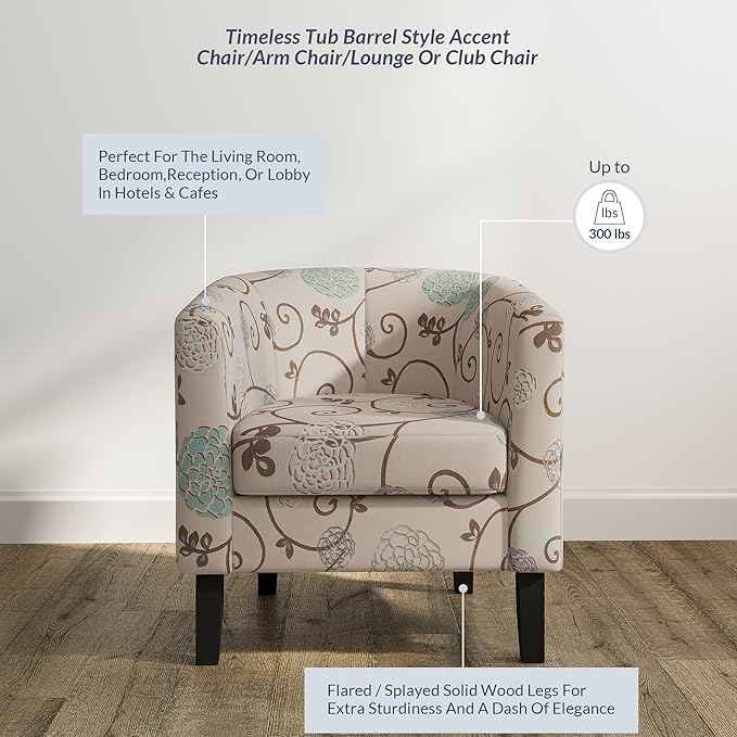 BELLEZE Living Room Chair, Linen Round Accent Barrel Chair, Club Tub Sofa Chair for Bedroom, Corner Chair with Flared Legs and Cozy Soft Padding - Highland (Floral Print)