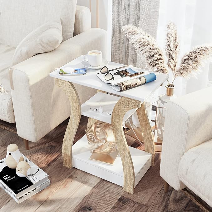 End Table with Charging Station, Side Table with USB Ports and Outlets, Nightstand, 3 Tier End Table with Storage Shelf for Living Room, Bedroom (White)