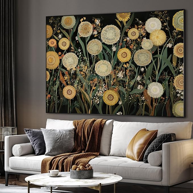 SIGNWIN 36"x46" Extra Large Framed Wall Art Whimsical Dandelion Field in Yellow and Green, Playful Botanical Print for Home Living Room Bedroom Decor (Frame Assembly Required)