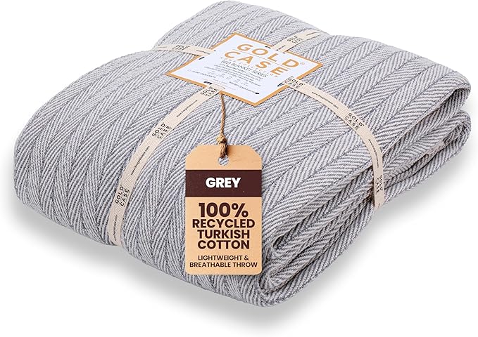 Gold Case Throw Blanket for Bed – 100% Recycled Turkish Cotton Bed Blanket – Decorative Throw Cotton Blankets for Living Room & Bedroom – Vintage Grey Woven Queen Blankets – 90x90