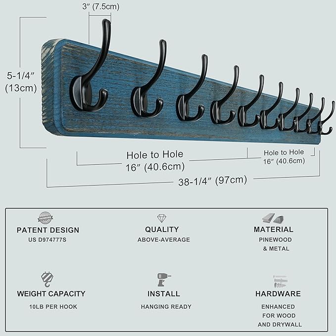 Dseap Coat Rack Wall: 38-1/4" Long, Patented, Heavy-Duty, 10-Double-Hooks Wooden Wall Mounted Coat Rack Coat Hanger Hook Rail for Winter Coats Hat Jacket Clothing, Weathered Blue, Pack of 2