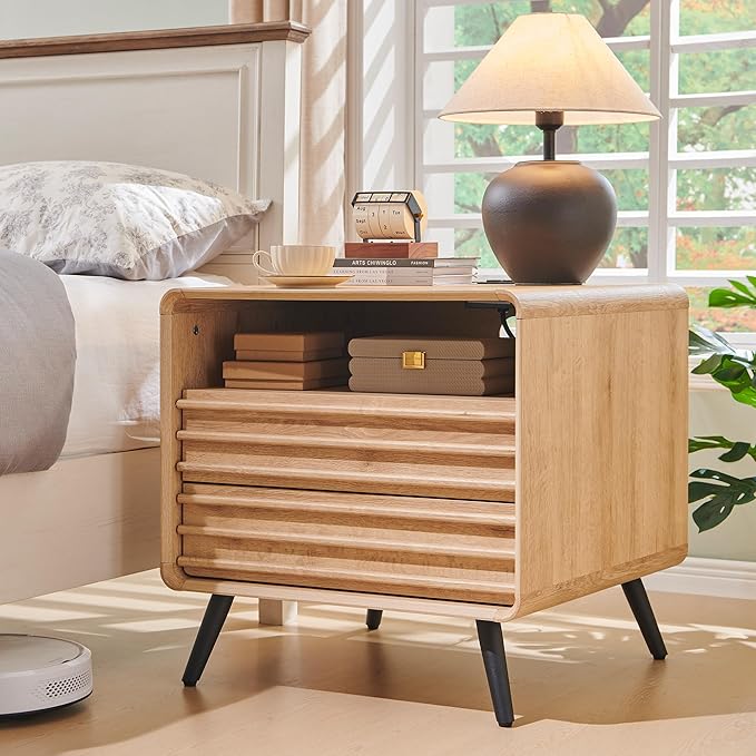 RedLemon 24 Inch Nightstand Set of 2 with Charger Station - Natural Oak