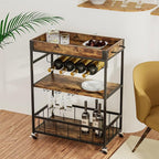 Bar Cart Serving Wine 3 Tier Home Rolling Rack with Wheels Mobile Kitchen Industrial Vintage Style Wood Metal Serving Trolley Serving Cart,Glass Holder Bar Cabinet
