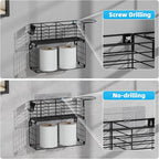 VITVITI Metal Hair Tool Organizer with Toilet Paper Basket, Bathroom Blow Dryer Curling Iron Holder Wall Mount, 2 Tiers Styling Tools Organizer for Straightener with Hooks, Black