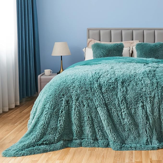 GONAAP Fuzzy Faux Fur Throw Blanket Queen Size Light Teal Super Soft Cozy Plush Fuzzy Shaggy Blanket for Couch Sofa Bed (Light Teal, Queen(90"x90"))