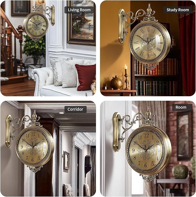 Large Vintage Double Sided Wall Clock with Glass & Metal, Roman and Arabic Numerals, Silent Non-Ticking Battery Operated Antique Clock for Living Room, Office, Hallway Decor (15x18.5 Inch)