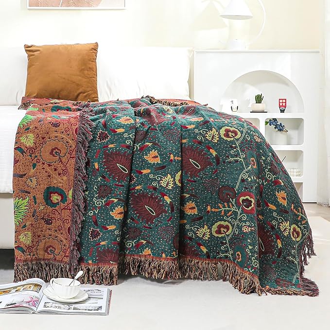 Boho Throw Blanket for Bed,100% Ultra Cotton Soft Breathable Bed Throw Floral Printed Farmhouse Decor Rustic Bed Throws for Couch Sofa Quilt 60" x 80"