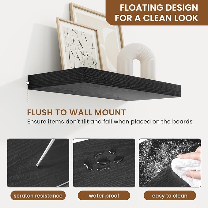 fuqing Floating Shelves for Wall, Bathroom Shelf Wall Mounted for Storage, Shelves with Invisible Bracket for Bedroom, Kitchen, Living Room, Farmhouse Small Book Shelf, 16 Inch Set of 2, Black