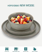 vancasso ANYA 24 Pieces Plates and Bowls Set, Stone Grey Dinnerware Sets, Reactive Glaze Dishes Set for 8, Ceramic Dishware Sets Kitchen Dinner Set, Microwave & Dishwasher Safe