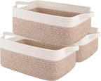 OIAHOMY 3 Pack Storage Baskets for Organizing, Woven Cotton Rope Basket for Shelves, Closet Organizer Bins with Handles, Rectangle Toy Organization, 13.78''×9.84''×5.5'', Brown & White