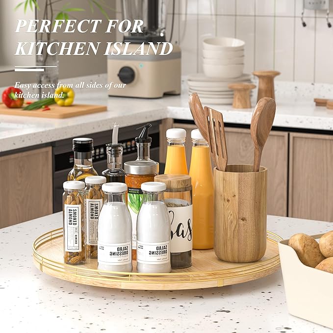 21-Inch Wooden Lazy Susan Turntable – Premium Oak & Iron, Extra Large Rotating Serving Tray for Dining Table, Kitchen Countertop, Farmhouse Décor, Spice Rack, Charcuterie & Entertaining