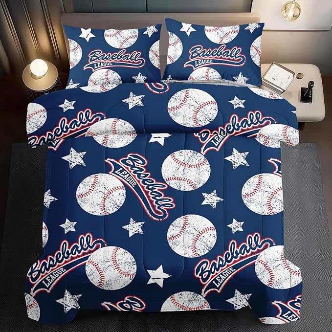Baseball Comforter Set Queen,Sports Bedding Sets for Boys,Blue Sports Comforter Queen Bedroom Decor,Baseball Bedding Teen for All Seasons,Blue Quilt Kids Bedroom Decor