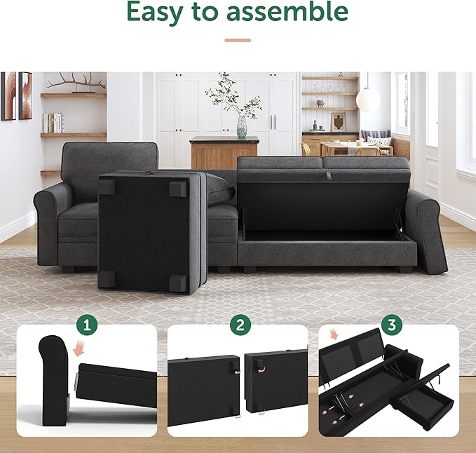 HONBAY Sectional Sofa with Storage Seat U Shaped Couch with Reversible Chaise Convertible Sectional Couches for Living Room,Dark Grey
