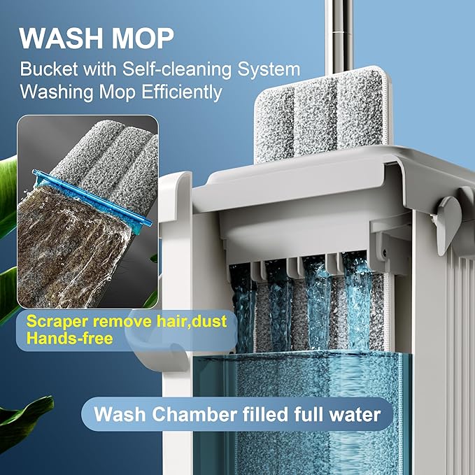 JOYMOOP Mop and Bucket with Wringer Set for Floor Cleaning and Wall Cleaner, Flat Mop and Bucket System Set with 2 Mops and 8 Large Microfiber Pads - White