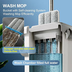 JOYMOOP Mop and Bucket with Wringer Set, Flat Squeeze Mop with Bucket (X-Large), Dust Mop for Wall Cleaner with Long Handle, Microfiber Mop - White Bucket with 5 Reusable 15" Pads