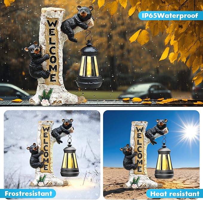 Json Garden Bear Statue with Solar LED Lantern, Gifts for Mom Yard Art, Whimsical Figurine Large Sculpture Lighted Outdoor Mother's Day Spring Decorations for Lawn, Porch