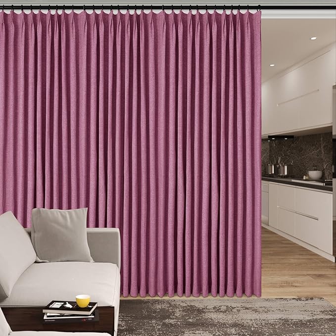 Extra Wide 100% Blackout Linen Textured Curtains - Room Dividers, W200 x L84 (1 Panel), Pinch Pleat Drapes for Living Room, Full Light Block Out Drapery for Sliding Door, Lilac