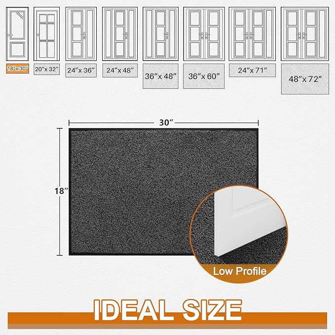 Mibao Front Door Mat, Dirt Trapper Welcome Mat for Outdoor Indoor, Non-Slip Waterproof Doormat, Durable Machine Washable Low Profile Entry Rug for Back Door Outside Patio Porch, 30" x 18", Grey