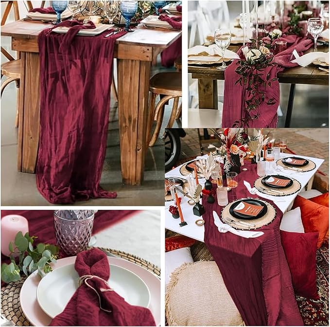Burgundy 20 Pack Cheesecloth Table Runner 10FT Rustic Gauze Cheese Cloth Table Runner for Wedding Bridal Baby Shower Table Decor 20 x 120 Inch Long Boho Fabric Sheer Birthday Party Table Decorations
