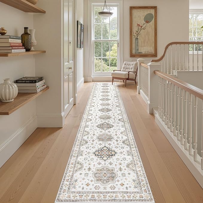 Washable 2.6x12 Runner Rug - Area Rugs Neutral Vintage Distressed Floral Farmhouse Boho Large Soft Floor Rug Indoor Carpet for Hallway Entryway Kitchen Home - Blue Brown