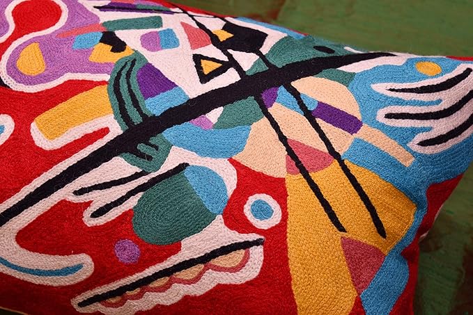 Lumbar Kandinsky Red Abstract Pillow Cover Modern Throw Pillowcase Modern Chair Cushion Red Contemporary Pillowsham Farmhouse Couch Cushions Hand Embroidered Wool Size 14x20