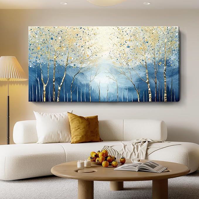 amatop Extra Large Wall Art for Living Room – Modern Forest Landscape Picture Abstract Nature Tree Scenery Canvas Art Prints Blue Wall Decor Oversized Horizontal Birch Artwork Bedroom Office 58x29 Inch