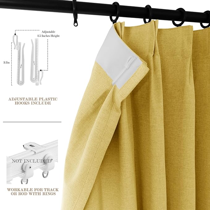 Yellow Pinch Pleat 100% Blackout Drapes Linen Blend, Room Divider, Room Darkening, Energy Saving, Furniture Protecting, Light Blocking Extra Wide Privacy Curtains, 240Wx84L, 1 PC