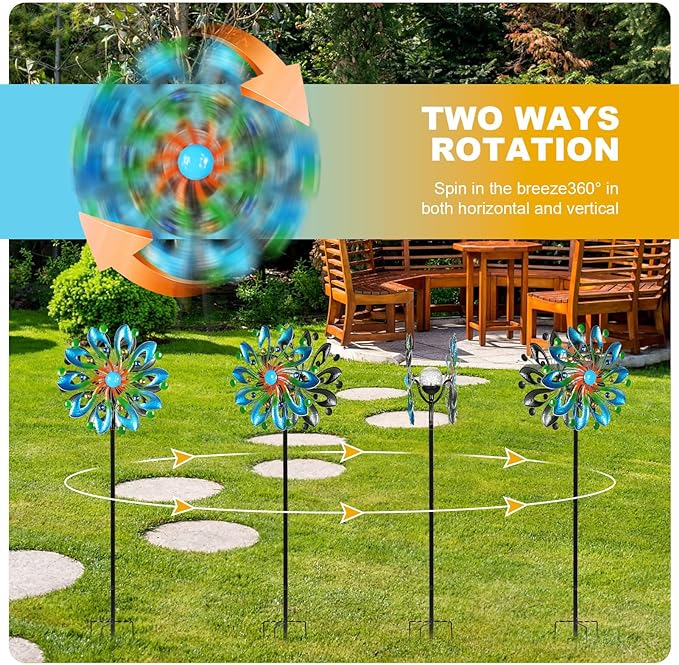 Wind Spinners for Yard and Garden - Wind Sculptures & Spinners, 75 Inch, Navy Blue, Kinetic Art with Solar Powered Multi-Color Glass Ball Light
