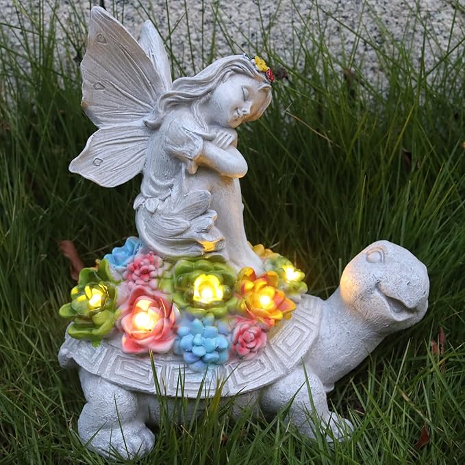 Garden Statues Outdoor Decorations Solar Turtle Angels Decor with Succulents LED Lights Garden Ornaments Figurines for Patio Yard Lawn Gifts for Women Grandma