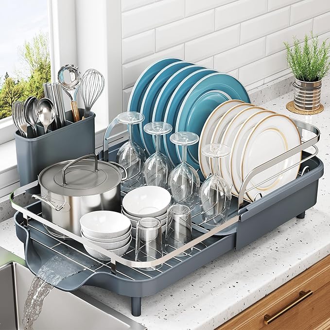 Dish Drying Rack, Expandable Dish Rack for Kitchen Counter, Stainless Steel Dish Drainer with Drainboard Set and Utensil Holder (Gray)