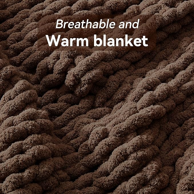 Chunky Knit Throw Blanket, 40''*50'' Knitted Throw Chenille Yarn for Bed Couch, Handmade Dark Brown Crochet Big Thick Blanket, Machine Washable Cute Comfy Blanket for Home Decor
