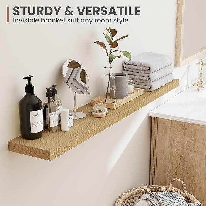 16 Inch Floating Shelves, 8 Inch Deep Floating Shelves for Wall, Hanging Shelf with Invisible Brackets, Deep Shelves for Bathroom, Bedroom, Living Room, Oak, Set of 2