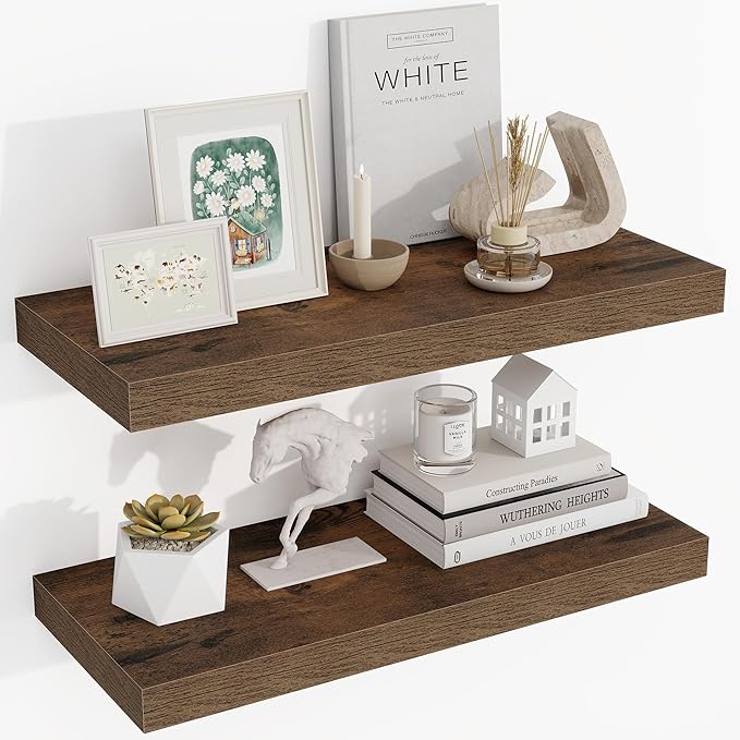 24 Inch Floating Shelves, 24"x9.25"x1.5" Inch Deep Floating Shelves for Wall, Wooden Shelves for Bathroom, Bedroom, Living Room, Brown