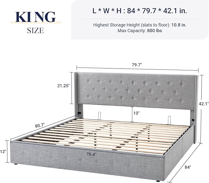 Allewie King Size Lift Up Storage Bed, Button Tufted Headboard with Wingback, Hydraulic Support, No Box Spring Needed, Light Grey
