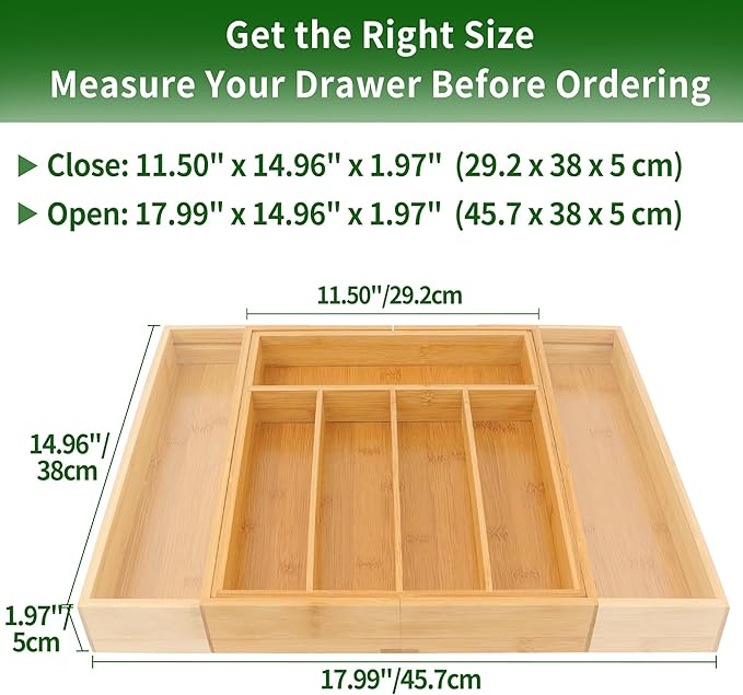 VaeFae Bamboo Drawer Organizer, Expandable Silverware Drawer Organizer, Cutlery Tray with Dividers for Kitchen Utensils, Medium