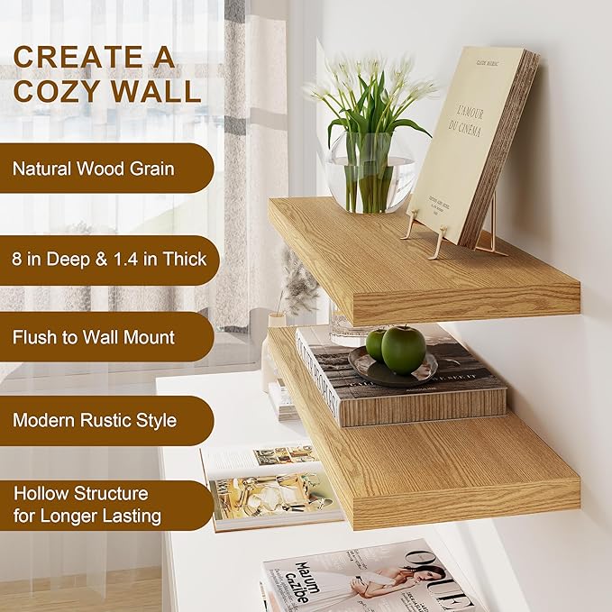 Fun Memories Floating Shelves 36 Inch Long, Deep Floating Shelf for Wall, 36 x 8 Floating Shelves Set of 2, 8 Inch Deep Wall Shelf for Living Room, Kitchen, Bedroom, Large Storage Shelves, Oak Color